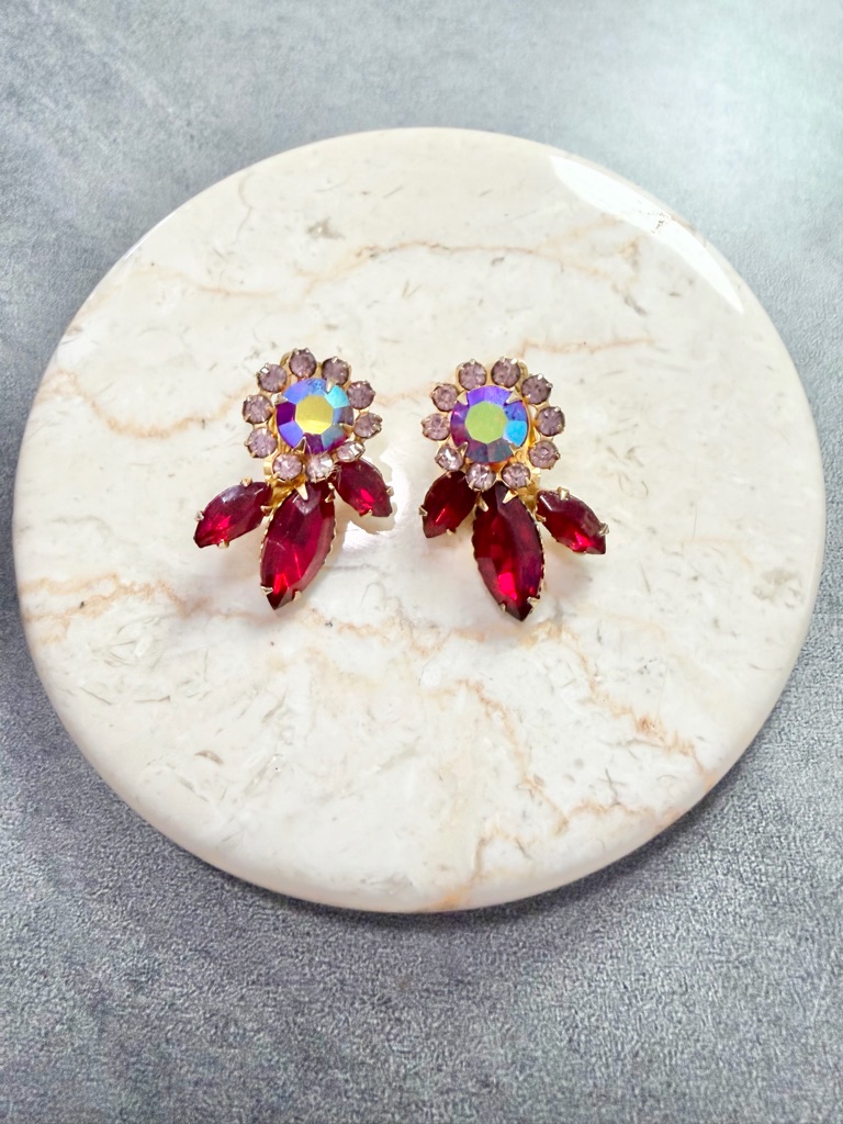 Vintage Beau Jewels Ruby Red Earrings Gold Clip-On Aurora Borealis Rhinestone
